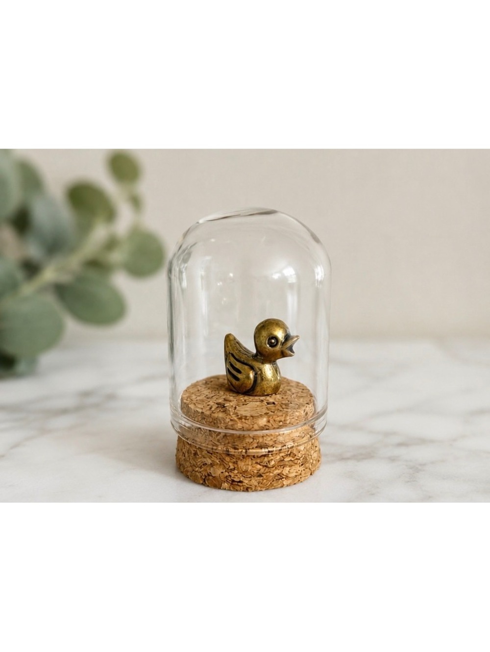 Tiny Brass Duck in Glass Cloche